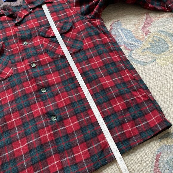Vintage 60s Pendleton Board Shirt Large Wool Loop Red Green Plaid Square Hem - Picture 7 of 8